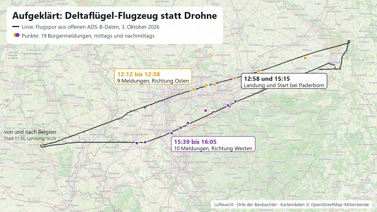 Karte mit der Flugspur eines Deltaflügel-Flugzeugs von Belgien nach Paderborn und zurück, darauf die 19 Bürgermeldungen vom 3. Oktober