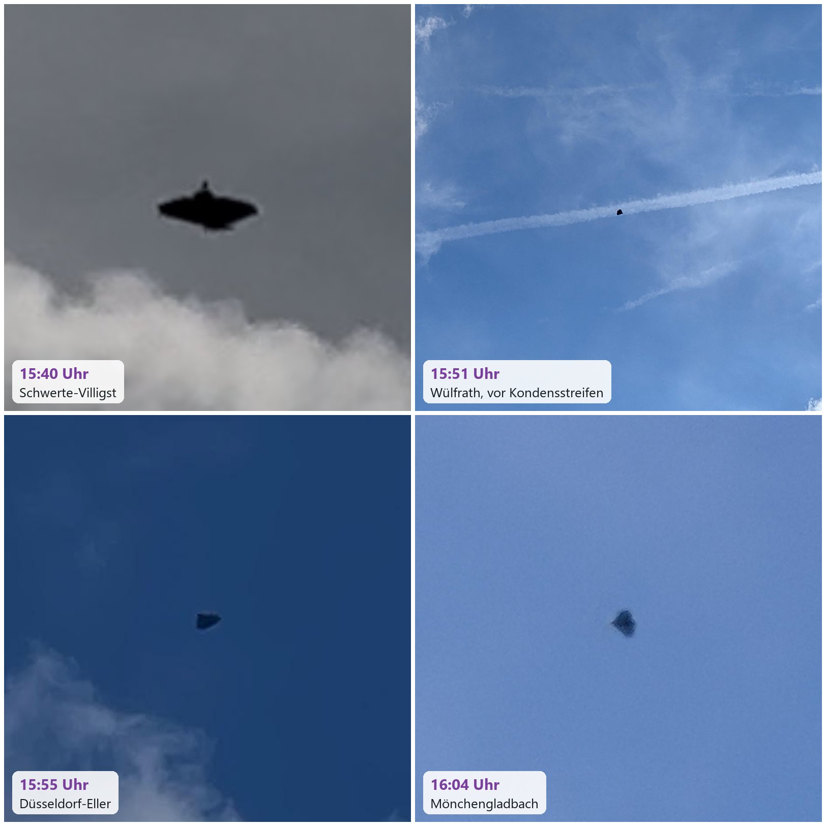 Vier Fotos von Meldern: ein dunkles dreieckiges Flugobjekt am Himmel über Schwerte, Wülfrath, Düsseldorf-Eller und Mönchengladbach